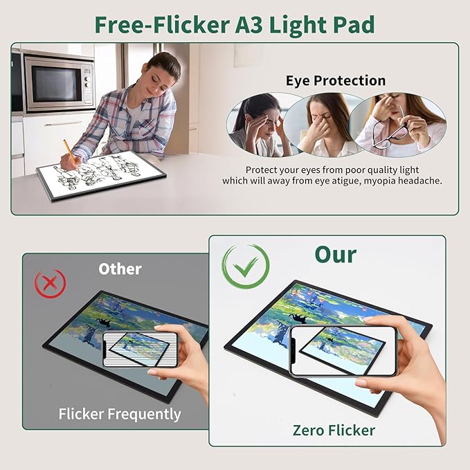 HIUKCOLED A3 Built-in Tilt Stand Light Tracing Box with Carry Bag, 3 Colors/Stepless Dimmable/6-level Brightness Adjustable, Battery Powered LED Light Board for Drawing,Diamond Painting,Sketching-BubblyBeeBaby