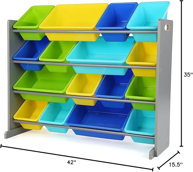 Humble Crew Supersized Toy Storage Organizer with 16 Removable Bins, Grey/Blue/Green/Yellow – Large Toy Storage for Toddlers Ideal for Kids' Rooms, Playrooms, and Nurseries - Modern Toy Bins for Kids-BubblyBeeBaby