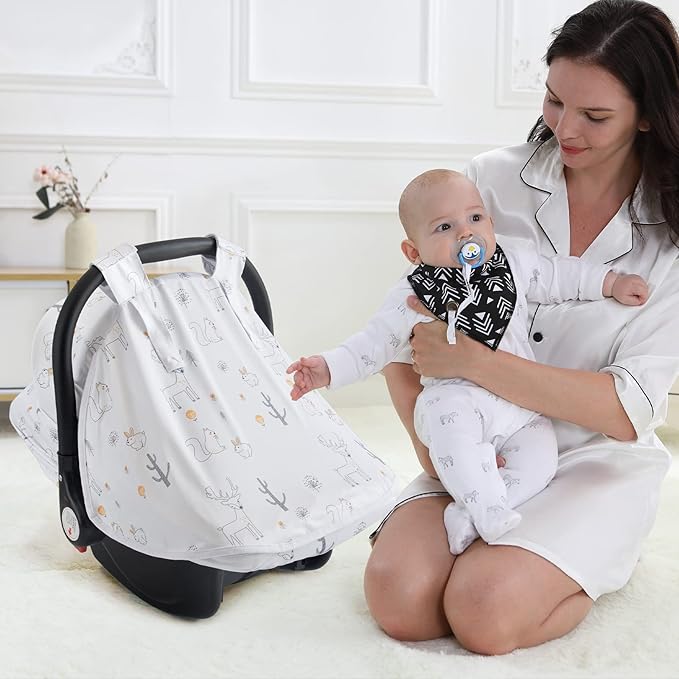Baby Car Seat Cover, Soft Sun Shade Cover, Breathable Comfortable Privacy Carseat Canopy Protect for Newborn Infant Boys Girls (Animals)-BubblyBeeBaby