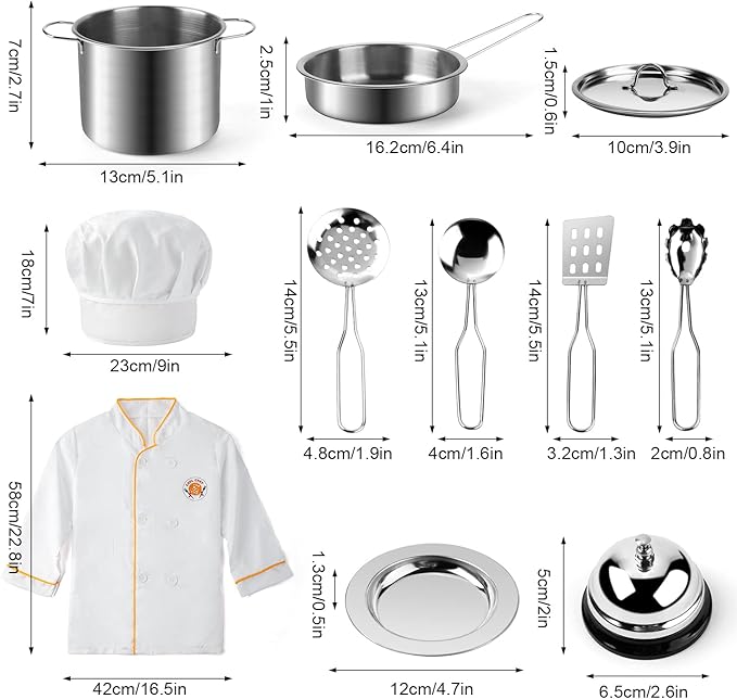 Juboury Pretend Play Kitchen Set - Toy Kitchen Accessories with Stainless Steel Cookware Pots and Pans, Plates, Cooking Utensils, Kids Chef Coat & Hat, Wooden Play Food for Kids, Girls, Boys, Toddlers-BubblyBeeBaby