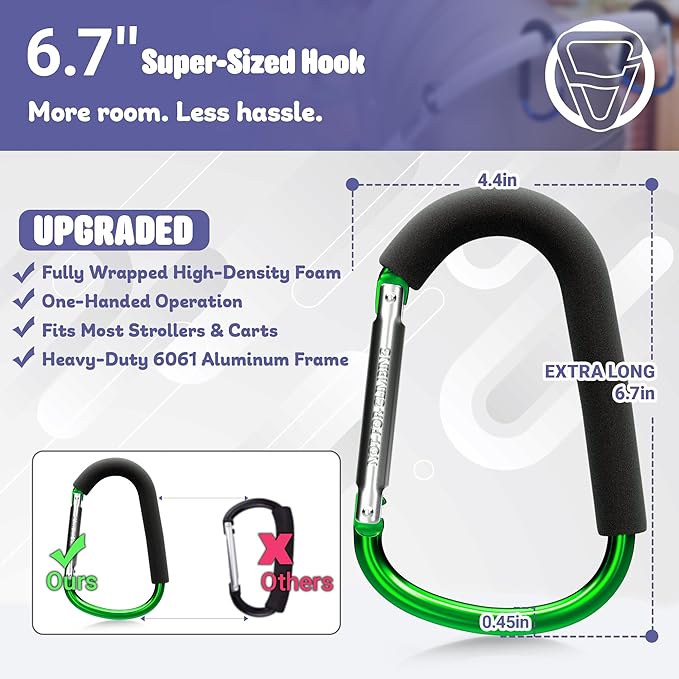 sprookber 6.7 Inch Large Stroller Hooks for Diaper Bags & Purses, Heavy Duty Mommy Hooks for Shopping, Grocery, Backpack – Baby Stroller Accessories, Set of 2 (Green)-BubblyBeeBaby