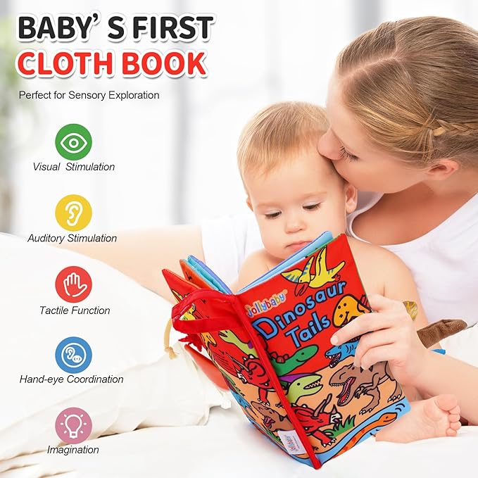 Jollybaby Baby Books 0-6 Months, Touch and Feel Crinkle Soft Cloth Books for Infants Babies, Toddler Early Educational Interactive Stroller Sensory Toys, Baby Girl & Boy Gift(Dinosaur Tails)-BubblyBeeBaby