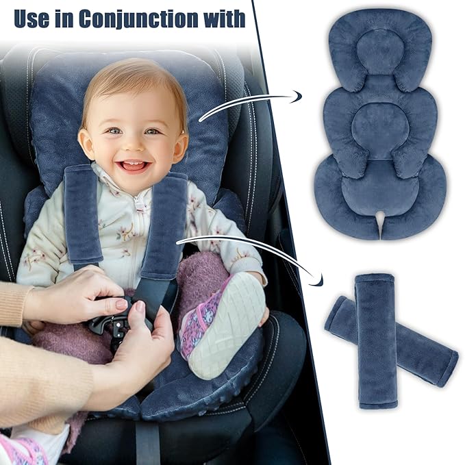 Infant Car Seat Insert Head and Body Support, GFU Reversible Newborn Insert for Carseat with Strap Pads, Soft Stroller Cushion Pillow Insert for Boys and Girls, Fits for Stroller, Swing, Blue-BubblyBeeBaby