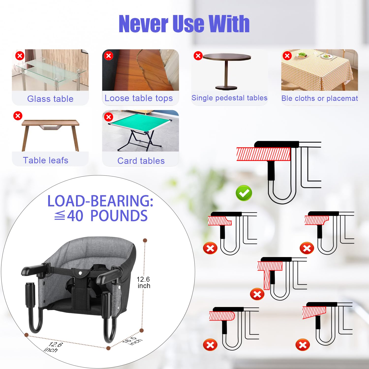 Hook On High Chair, Attach to Fast Table Chair,Clip on High Chairs to Table,Foldable Storage Feeding Baby Seat for Baby Toddler Home and Travel,Lightweight Space-Saving Design,Portable High Chairs