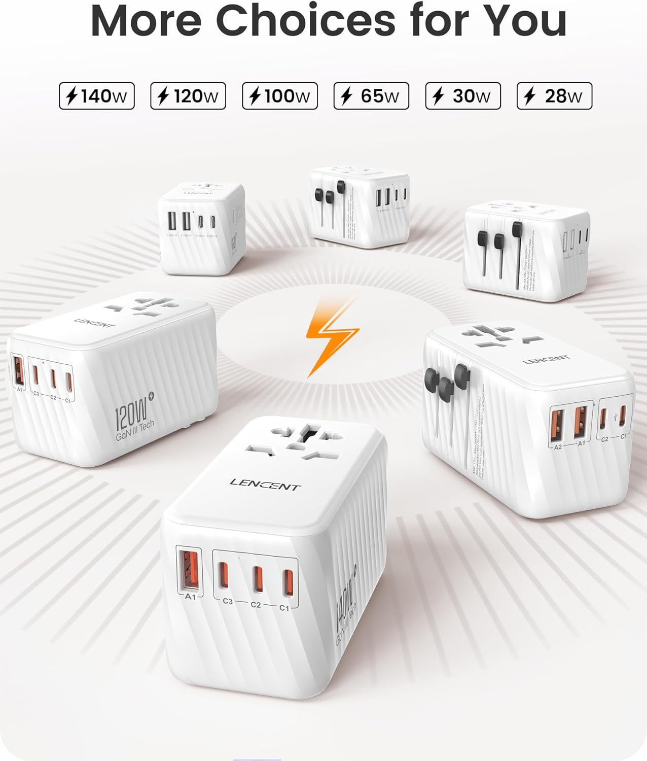 LENCENT Universal Travel Power Adapter, International AC Plug Adaptor with 5.6A 3 USB C 2 USB A Ports Wall Charger Worldwide Travel Essentials for US to EU UK Ireland Australia (Type C/G/A/I) White