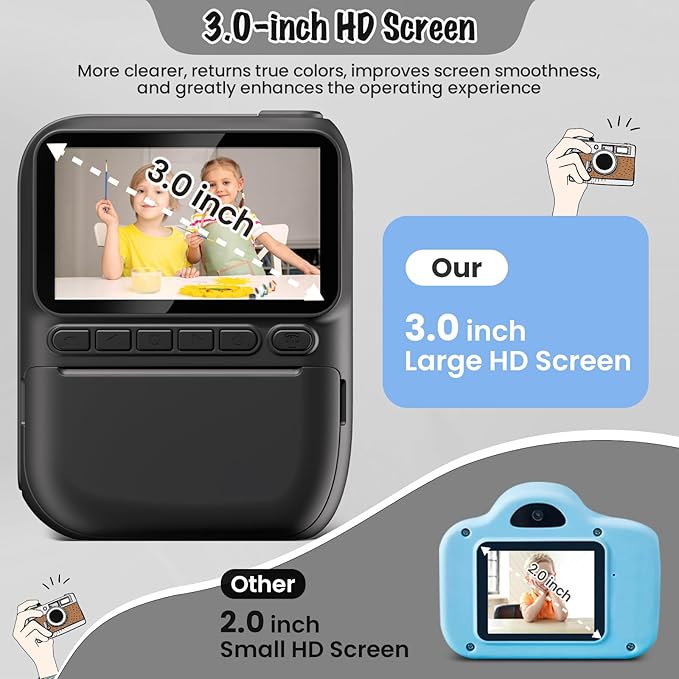 Instant Print Camera for Kids, 3.0" HD 1080P Digital Video Cameras with 3 Rolls of Printer Paper for Toddler, Birthday Gifts Toy for Girls Boys with 32GB SD Card (3.0 Style, Black)-BubblyBeeBaby