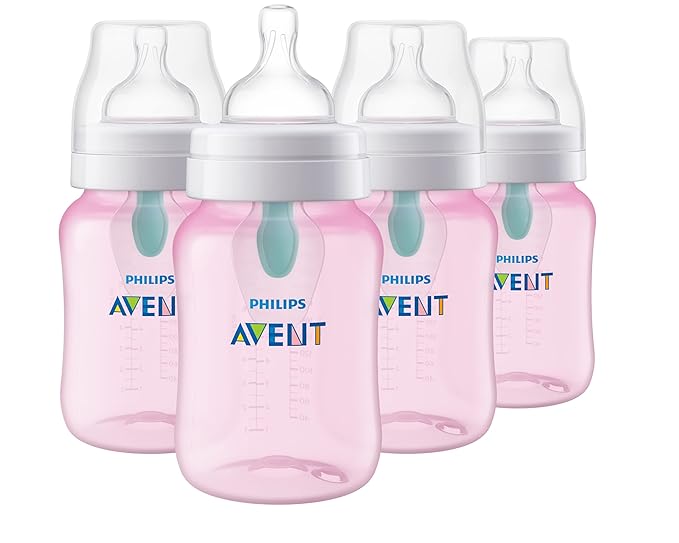 Philips Avent Anti-Colic Baby Bottle with AirFree Vent, 9oz, with Flow 2 Nipples, 1m+, 4pk, Pink, SCY703/14-BubblyBeeBaby