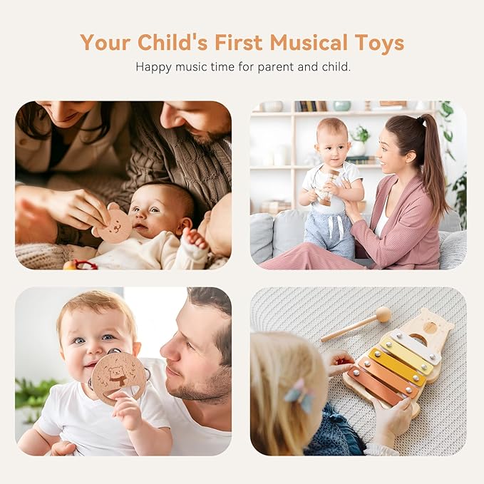 IEATFO Baby Musical Instruments - Your Child's First Musical Toys with Castanet Rainmaker Tambourine Xylophone - Baby Friendly Design Wooden Instruments Set Grow with Your Boys and Girls-BubblyBeeBaby