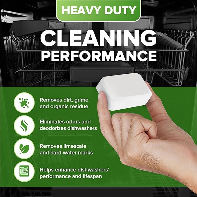 Heavy Duty Dishwasher Cleaner and Deodorizer Tablets, Descaler, Deep Cleaning, Natural Odor and Smell Remover, Calcium, Limescale, Hard Water Marks, Grease, Septic Safe Pods (12 Tabs - 1 Yr Supply)-BubblyBeeBaby
