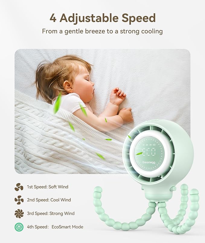 Dreamegg Portable Stroller Fan - 4000mAh Rechargeable Baby Stroller Fan With LED Display, Night Light, Hidden Blade, Detachable 4 Speed 360°Rotate, Handheld Cooling for Crib,Travel, Car Seat(Green)-BubblyBeeBaby