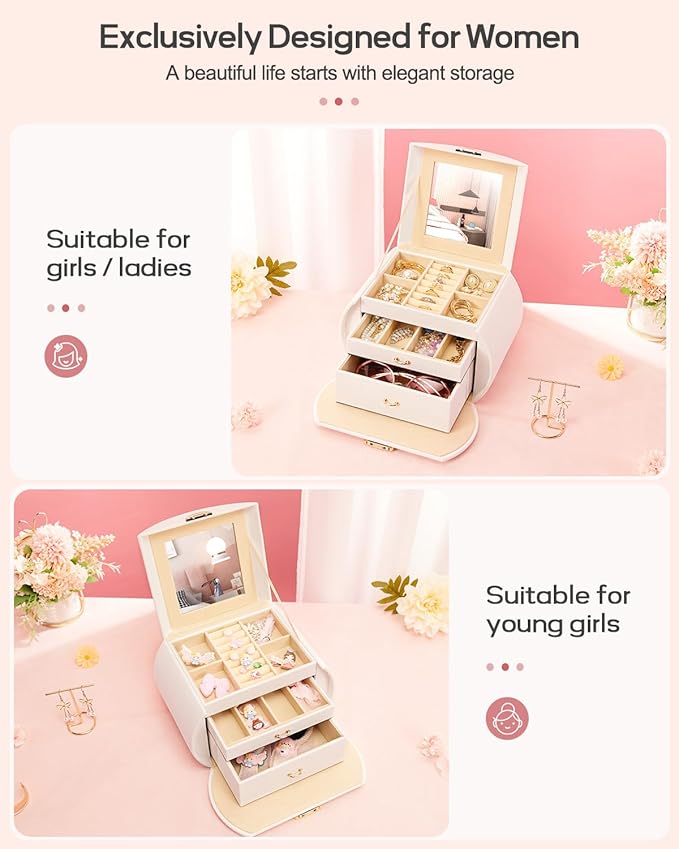Homde Girls Jewelry Box Jewelry Storage Case Organizer with Mirror for Rings, Earrings, Bracelets, Necklaces (White + Gold)-BubblyBeeBaby