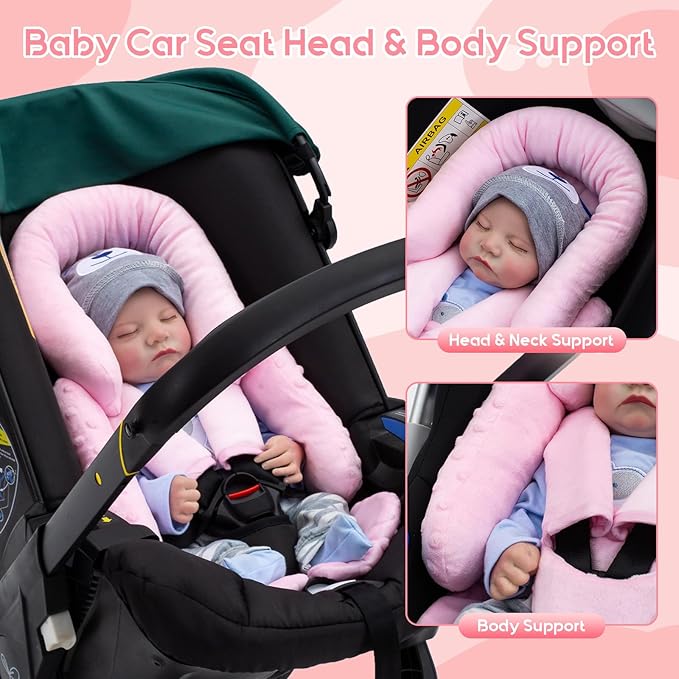 Infant Car Seat Insert with 3 Shoulder & Crocth Covers, Thickened Carseat Head and Body Support for Infant, Reversible Baby Car Seat Cushion for Boys Girls, Soft Mink Dot Newborn Insert for Preemie-BubblyBeeBaby
