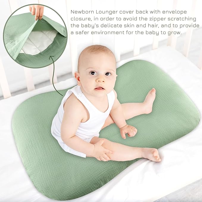 Hooyax Muslin Baby Lounger Cover, 100% Cotton Durable Newborn Lounger Cover, Soft and Breathable Infant Lounger Cover for Boys Girls, Covers Only (Green)-BubblyBeeBaby
