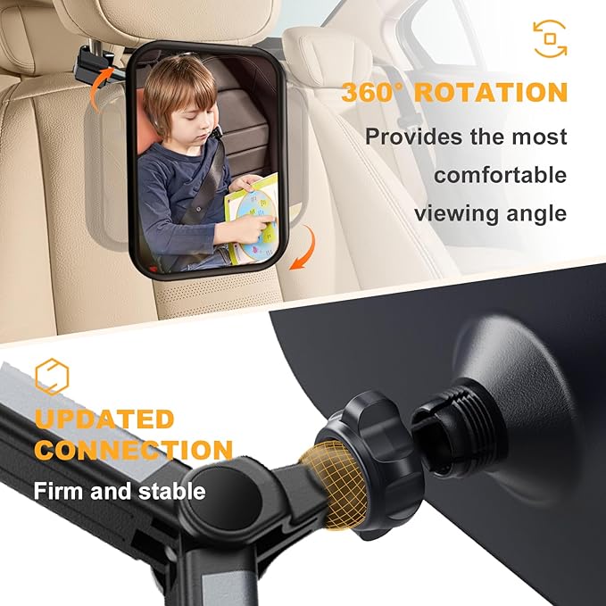Baby Car Mirror for Rear Facing Seat - Clear View, Upgraded Hook Clip Design, 360 Rotation, Wide Crystal View, Shatterproof Crash Tested and Certified-BubblyBeeBaby