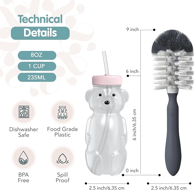 Honey Bear Straw Cup for Babies, 8oz Honey BearCup with Bottle Brush, 2-Pack Improved Lid Therapy Learning Honeybear Straw Cup for Baby, Cherry Blossom & Unicorn-BubblyBeeBaby