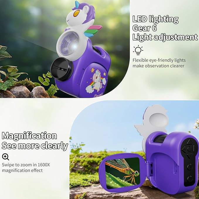 1600X Handheld Microscope for Kids 2" IPS Screen Kit Mini Pocket Digital Microscopes STEM Science with Slides Photo Video Rechargeable Portable Scope Gift for Ages 6-12 (Purple)-BubblyBeeBaby