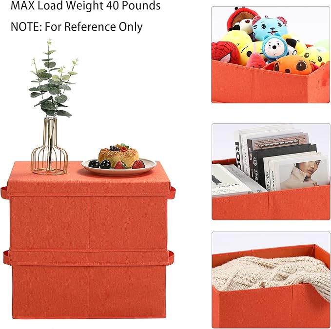 HOONEX Storage Bins with Lids for Organizing, Pack of 2, Storage Boxes with 2 Carrying Handles and Sturdy Heavy Cardboard, 16.5" L x 11.8" W x 7.5" H for Shoes, Books, Clothes, Nursery, Orange-BubblyBeeBaby