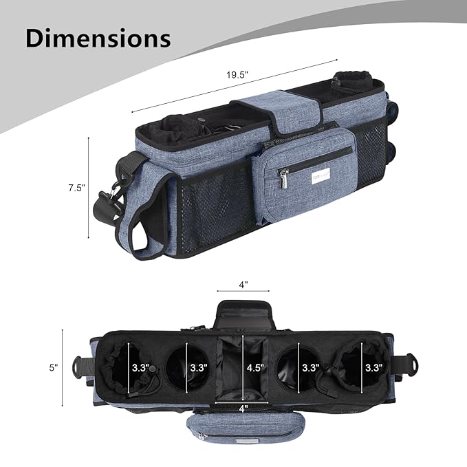 TOPDesign Universal Baby Stroller Organizer, Double Stroller Caddy with Detachable Mesh Bag & Heightened Insulated Cup Holders & Non-Slip Secure Hooks Accessories, Fits Most Strollers (Blue)-BubblyBeeBaby