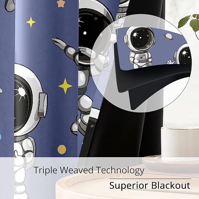 Kids Astronaut Blackout Curtains - 100% Blackout, Thermal Insulated, Noise Reducing, Perfect for Kids Room and Nursery, 2 Panels (Spacewalk Buddies, W52×L84)-BubblyBeeBaby