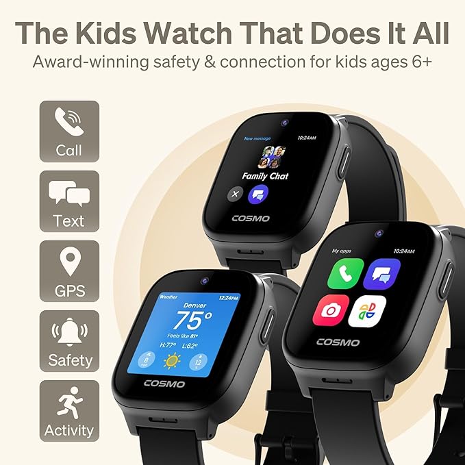 JrTrack 5 Kids Smart Watch by Cosmo | Best Kid-Safe Phone Watch | Precision Real-Time GPS Tracking | Call, Text, Activity, School Settings | Spotify Music | Parental Controls | SOS & Safety Alerts-BubblyBeeBaby