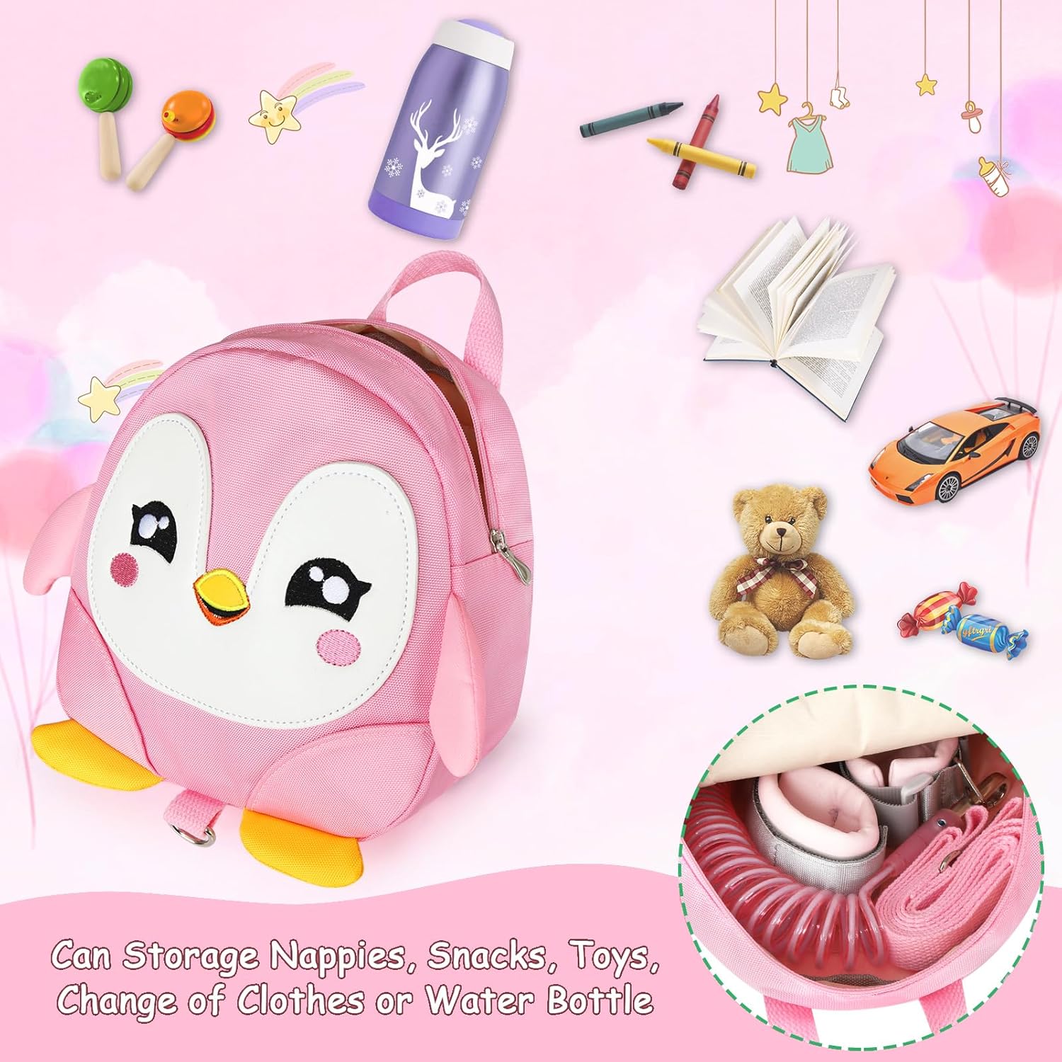 Accmor Toddler Harness Backpack Leash, Cute Penguin Kid Backpacks with Anti Lost Wrist Link, Mini Child Backpack Wristband Tether Strap and Protection Leashes Travel Bag Harness Rein for Baby Girls