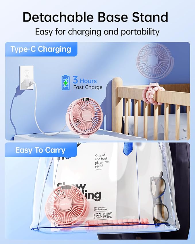 SWEETFULL Portable Stroller Fan with Display 4000mAh Battery Powered Mini Clip On Fan, 4-Speed Rechargeable Small Personal Cooling for Baby Car Seat Crib Travel - Pink-BubblyBeeBaby