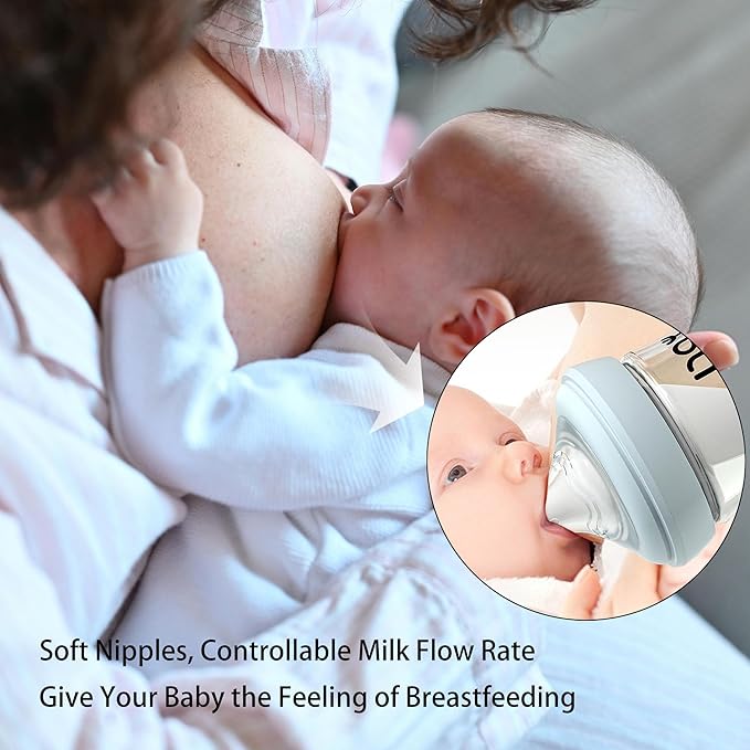 Natural Glass Baby Bottle for Breastfeeding Babies, 3oz Newborn Anti-Colic Baby Bottle with Slow Flow Nipples (SS), Clear, Wide Neck, 4 Pack, 0 Months+-BubblyBeeBaby