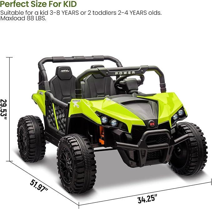24V 2 Seater Ride On Car Truck, Power Wheels Kids UTV w/Parent Remote Control, 3.1 MPH Max Speed, Music Player, LED Lights & Storage, Electric Vehicle Ride On Toy for Kids Toddler Ages 3-8, Green-BubblyBeeBaby