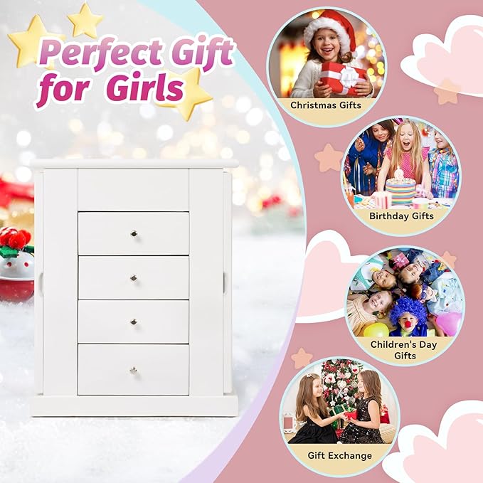 Jewelry Box for Girls, Musical Jewelry Box with Spinning Dancer Gifts for Little Girls Christmas New Year Birthday Children's Day, 5 Layer Large Wooden Kids Music Jewelry Organizer Box(White)-BubblyBeeBaby