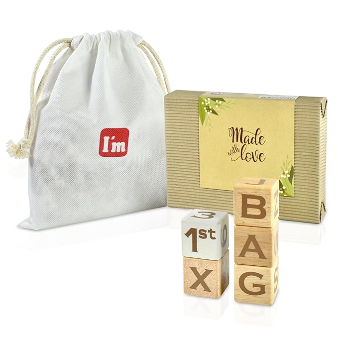 I'm Solid Wood Baby ABC Alphabet Milestone Age Blocks, Personalized Own Name, Gender Neutral, Newborn Gifts & Keepsakes for Picture Props (1.4" / 16 Pcs/Brown)-BubblyBeeBaby