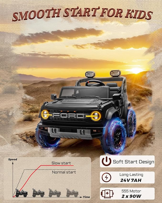 24V Ride on Toys for Big Kids, Licensed Ford Bronco Raptor Electric Car 2 Seater with Remote Control, Kids Ride on Cars w/ 2-Seater, 4.3 Mph Max Speed, Soft Start Function (24V, Black)-BubblyBeeBaby