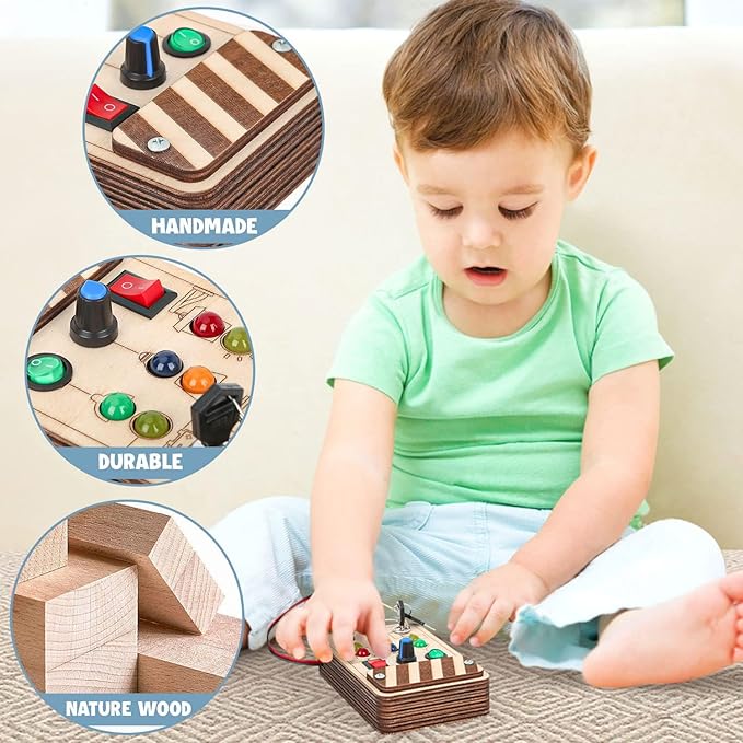 Joyreal Wooden Montessori Busy Board, Toddler Sensory Toys, LED Light Switch, Travel Toys for 2+ Year Old Boy-BubblyBeeBaby