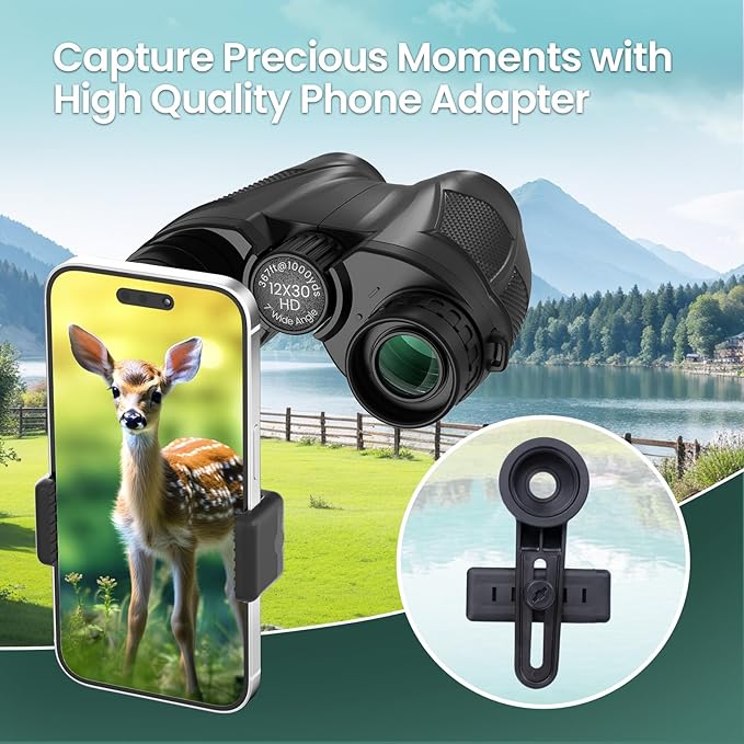 12x30 Compact Binoculars for Adults and Kids, High Power Lightweight Small Binoculars with Phone Adapter for Cruise Ship Hiking Bird Watching Sports Safari Viewing Football Sports Concert-BubblyBeeBaby