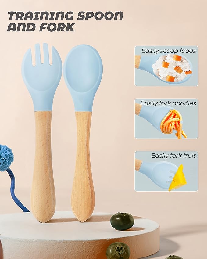 10 pcs Baby Spoons and Forks, First Stage Baby Led Weaning Spoons, Chewable Baby Utensils for Self-Feeding, Bamboo and Silicone Baby Utensils, Kids Utensils for Over 6 Months Babies-BubblyBeeBaby