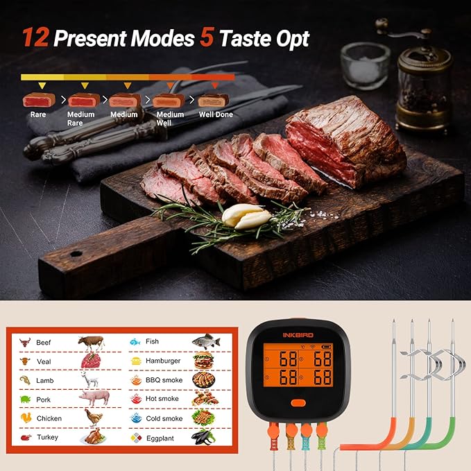 Inkbird WiFi Meat Thermometer for Grilling, Unlimited Rang Rechargeable BBQ Thermometer APP Calibration, Temp Graph Mobile Notification, 4 Colorful Probes Food Thermometer for Pellet Smoker Oven-BubblyBeeBaby