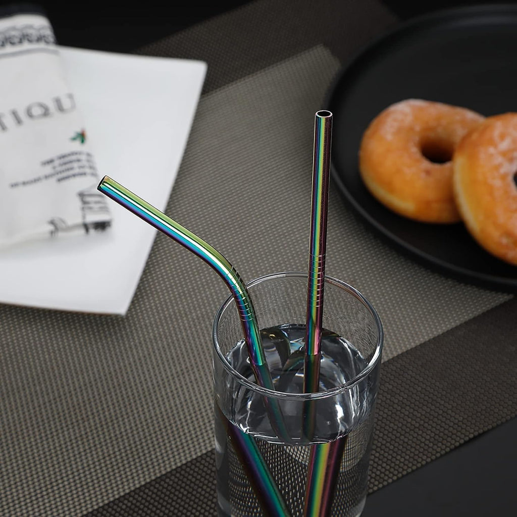 DEVICO Portable Utensils, Travel Camping Cutlery Set, 8-Piece including Knife Fork Spoon Chopsticks Cleaning Brush Straws Portable Case, Stainless Steel Flatware set (Rainbow)