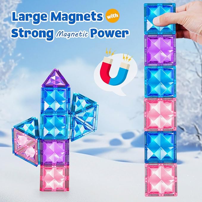 Ice Castle Magnetic Tiles-Sparkling Building Blocks, 3D Educational Toys for Kids, Construction STEM Toys for 3 4 5 6 7 8 Year Olds, Birthday Gift for Boys and Girls-BubblyBeeBaby