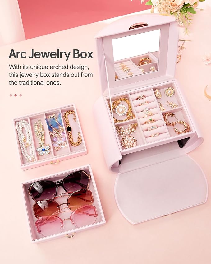 Homde Girls Jewelry Box Jewelry Storage Case Organizer with Mirror for Rings, Earrings, Bracelets, Necklaces (Light Pink + Gold)-BubblyBeeBaby