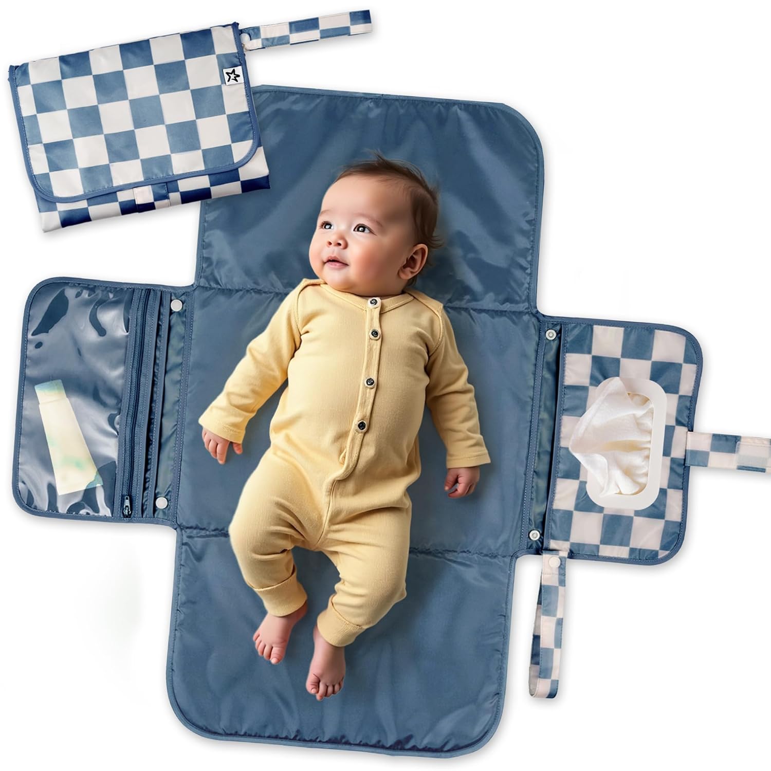 Tiny Twinkle Portable Diaper Changing Pad-Foldable Waterproof Changing Mat&Portable Changing Pad for Travel,Baby Changing Station with Smart Wipes Pocket&Storage (Blue Checkers)