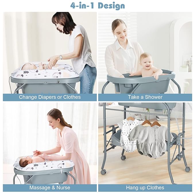 HONEY JOY Baby Changing Table with Bathtub, Foldable Infant Diaper Changing Station with Wheels, Storage Tray, Waterproof Pad, Portable Newborn Nursery Organizer Bath Stand for Boys Girls (Gray)-BubblyBeeBaby