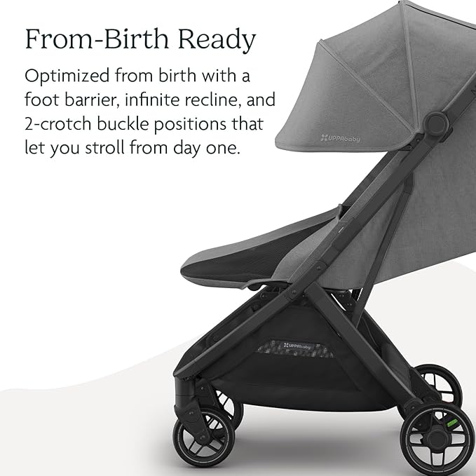 UPPAbaby Minu V3 Travel Stroller | Lightweight + Compact Design | One-Hand Fold + Unfold | from Birth + Overhead Compatible | Greyson (Charcoal Mélange/Carbon Frame/Saddle Leather)-BubblyBeeBaby