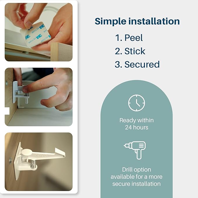 Inaya Cabinet Locks Child Safety Latches - Baby Proofing Cabinets & Drawers Locks - Child Proof Your Home - No Drilling & No Tools Required! (12 Pack - Extended Length Version)-BubblyBeeBaby