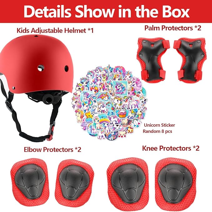 Kids Bike Helmet with Knee Elbow Wrist Pads Guards,Pink,for Ages 2-3-5-8-14,Sports Bicycle,Skate Scooter,Rollerblading with Unicorn Sticker-BubblyBeeBaby