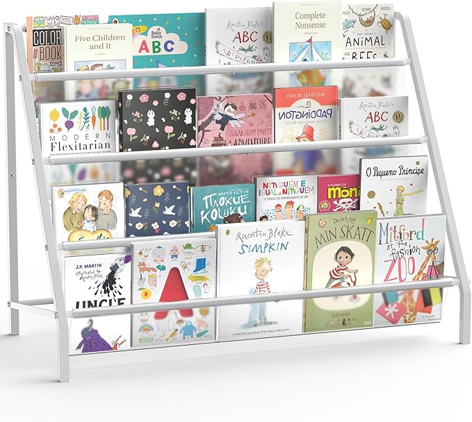 High-Transparent 4 Tier Kids Bookshelf, Sturdy Metal Large Size Book Rack Storage for Kids - Toddler Book Shelf Display for Nurasery, Kids Room, Deep Size Bookshelf Hold More Books-BubblyBeeBaby