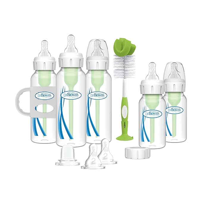 Dr. Brown's Natural Flow® Anti-Colic Options+™ Narrow Bottle to Sippy Gift Set with Soft Silicone Sippy Spout, Removable Silicone Handles, Travel Cap and Bottle Brush-BubblyBeeBaby