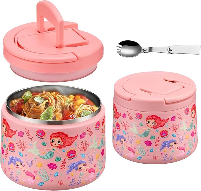 14oz Insulated Vacuum Food Jar with Buckle Lid,Soup Thermo for Hot Food Kids,Wide Mouth Leakproof Stainless Steel Lunch Container with Spoon-Mermaid-BubblyBeeBaby