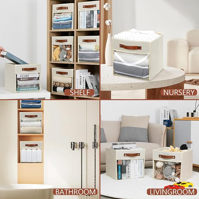 HNZIGE 11 x 11 Storage Cubes Bins for Storage Organizer,Shelf Fabric Storage Bin for Cube Organizer, Canvas Cloth Bin,Cubby Decorative Cube Organizer Bin for Cube Storage Blanket Home(Cream 6 PCS)-BubblyBeeBaby