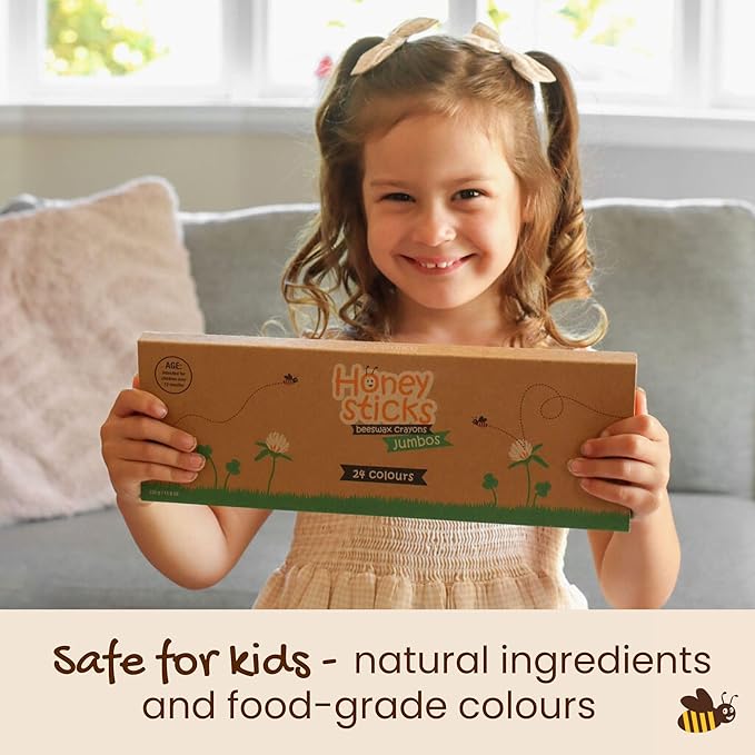 Honeysticks Jumbo Crayons (24 Pack) - Non Toxic Crayons - 100% Pure Beeswax and Food Grade Colors - 24 Bright Colors - Large, Easy to Hold and Use - Preschool Art Supplies for Toddlers/Kids 3-5, 4-8-BubblyBeeBaby