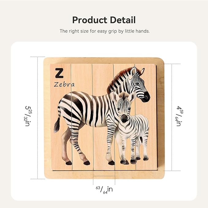 IEATFO 4 in 1 Wooden Animal Chunky Puzzle, 5 Solid Wood Puzzle Blocks with 4 Sides Realistic Safari Animals, Wooden Block Puzzle with Durable Base for Toddlers 3+ Years - Montessori Inspired-BubblyBeeBaby