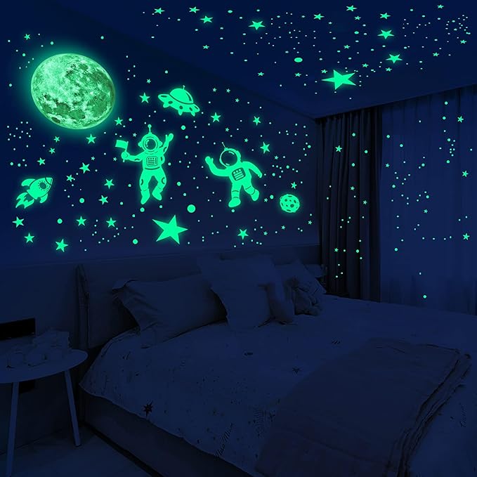 1017Pcs Glow in The Dark Stars for Ceiling Glow in The Dark Moon and Space Wall Decals Luminous Astronaut Universe Planet Galaxy Wall Stickers for Kids Boys Girls Bedroom Green-BubblyBeeBaby